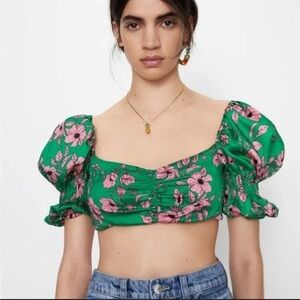 ZARA Green Floral Puff-Sleeve Crop Top - Pink Flower Print